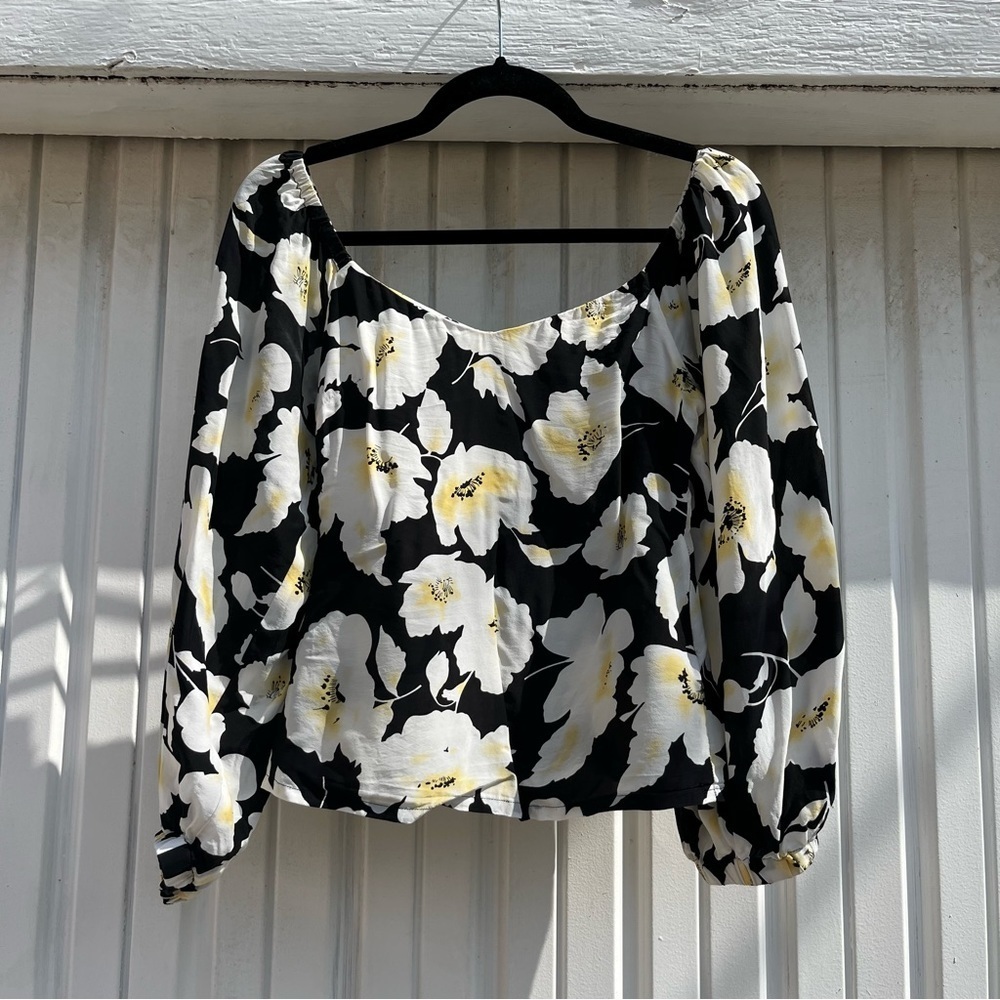 Ba&sh black silk floral print off shoulder puff long sleeve‎ blouse